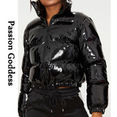 Φωτεινό PU Δερμάτινο Ροζ Πουφερ Μπουφάν για Γυναικεία Χειμερινά Γυαλιστερό χοντρό μπουφάν μπουφάν ζεστό με φερμουάρ φούσκα γιακά Crop Parka