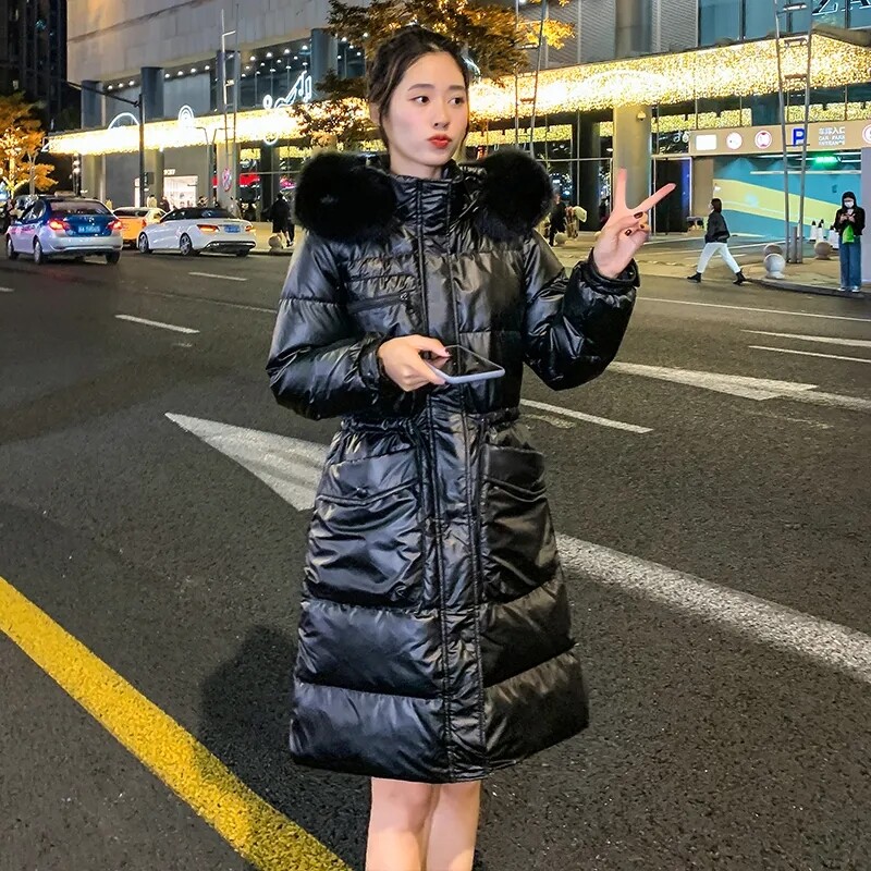 Sjajna pamučna jakna koja se ne pere Ženska nova zima 2024. Nova deblja parka Uski ženski dugi kaput s kapuljačom Kaputi otporni na vjetar