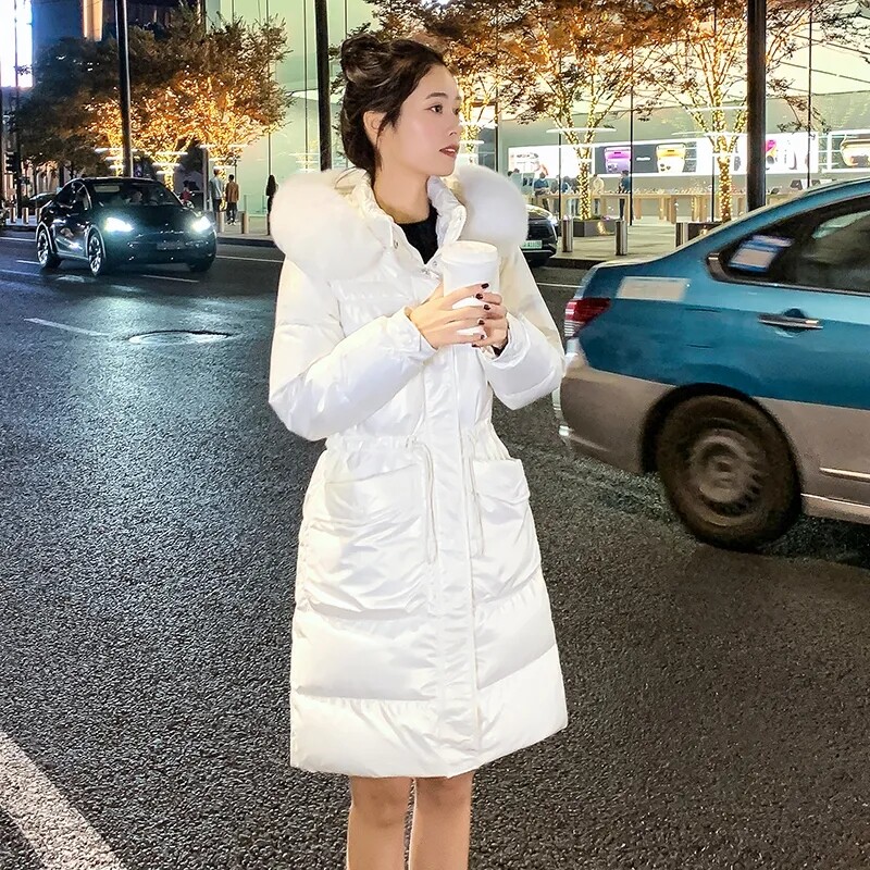 Sjajna pamučna jakna koja se ne pere Ženska nova zima 2024. Nova deblja parka Uski ženski dugi kaput s kapuljačom Kaputi otporni na vjetar