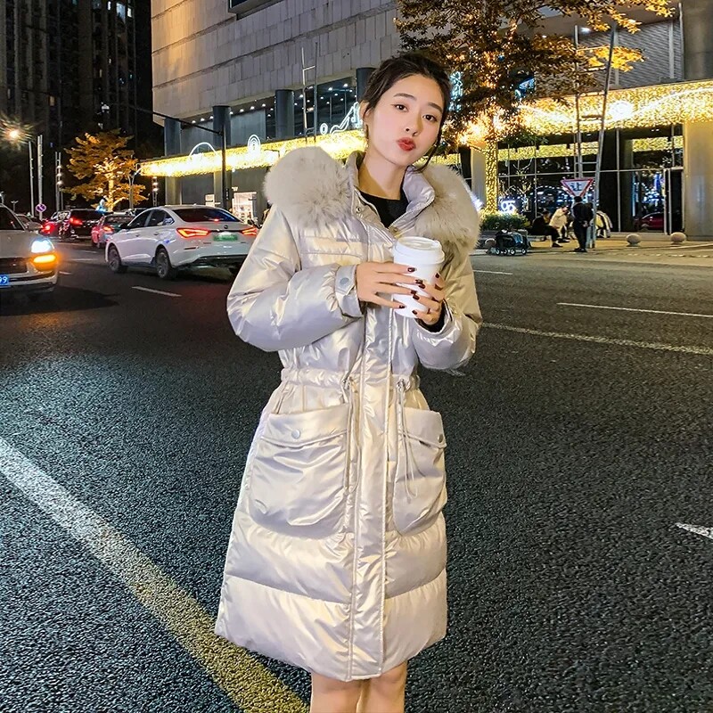 Sjajna pamučna jakna koja se ne pere Ženska nova zima 2024. Nova deblja parka Uski ženski dugi kaput s kapuljačom Kaputi otporni na vjetar