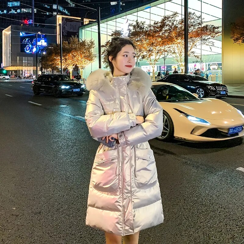 Sjajna pamučna jakna koja se ne pere Ženska nova zima 2024. Nova deblja parka Uski ženski dugi kaput s kapuljačom Kaputi otporni na vjetar