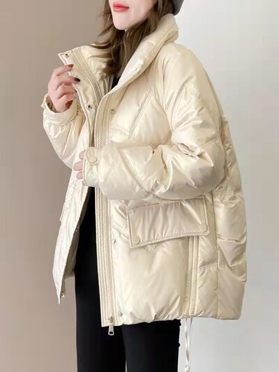 Zimska ženska odjeća Topla parka Sjajna šik jakna s podstavljenom pamukom Kaput otporan na vjetar Dugi rukavi Zatvarač Debeli džep odijela Novo