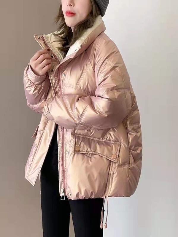 Zimska ženska odjeća Topla parka Sjajna šik jakna s podstavljenom pamukom Kaput otporan na vjetar Dugi rukavi Zatvarač Debeli džep odijela Novo