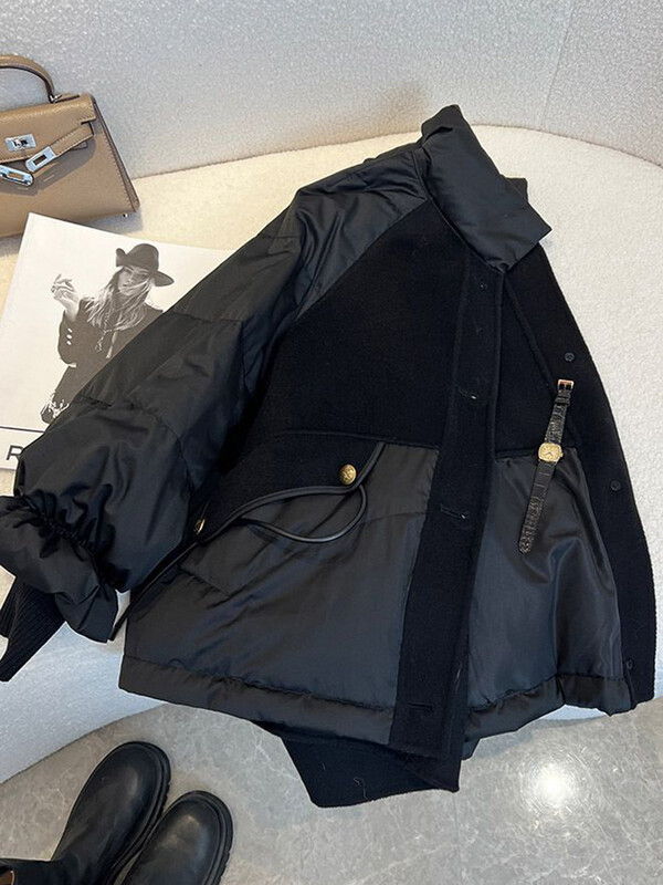 Crna podstavljena jakna Ženska ležerna široka pamučna jakna Zimski oversize debele tople parke Ženska modna jakna sa samostojećim ovratnikom