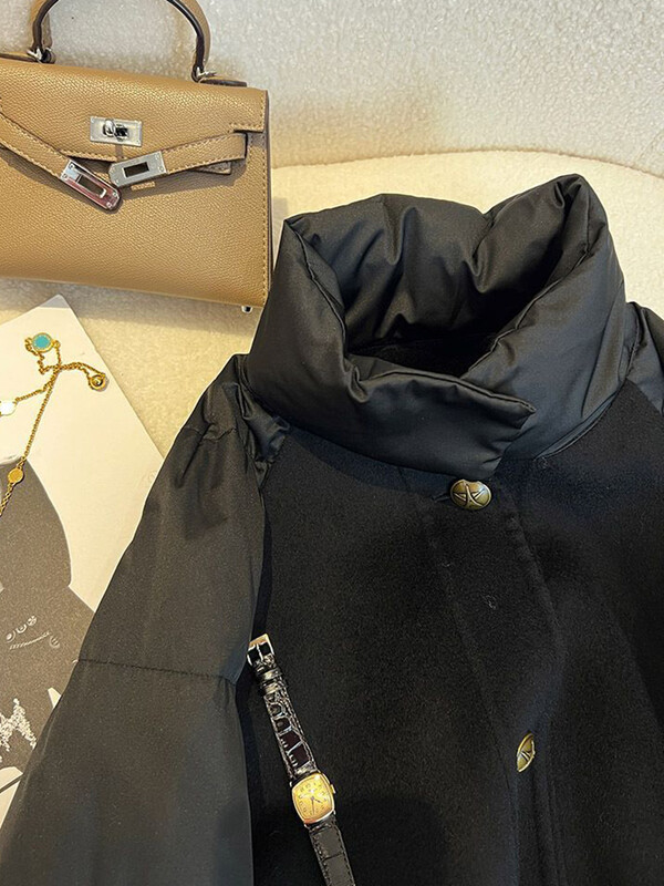 Crna podstavljena jakna Ženska ležerna široka pamučna jakna Zimski oversize debele tople parke Ženska modna jakna sa samostojećim ovratnikom