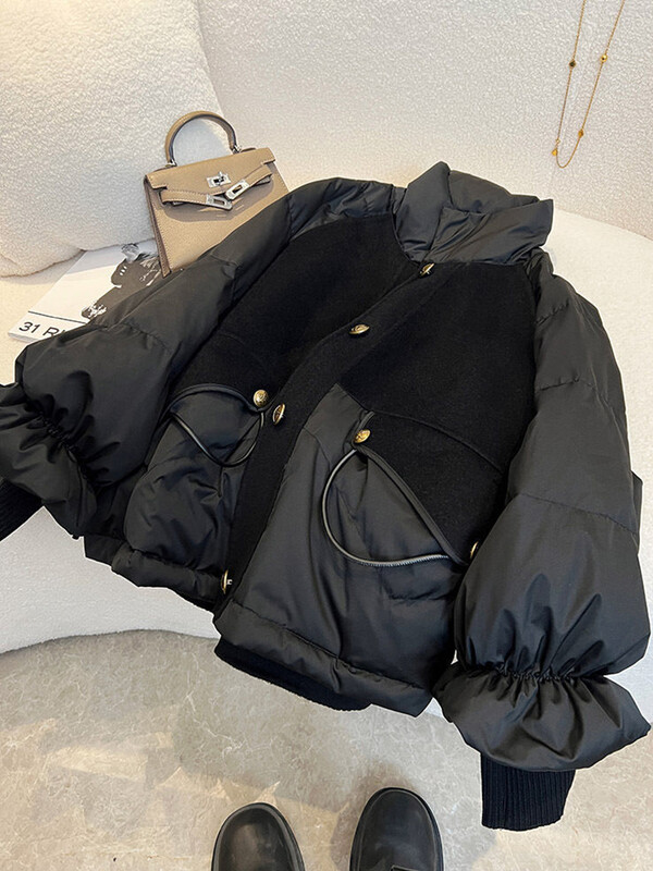 Crna podstavljena jakna Ženska ležerna široka pamučna jakna Zimski oversize debele tople parke Ženska modna jakna sa samostojećim ovratnikom