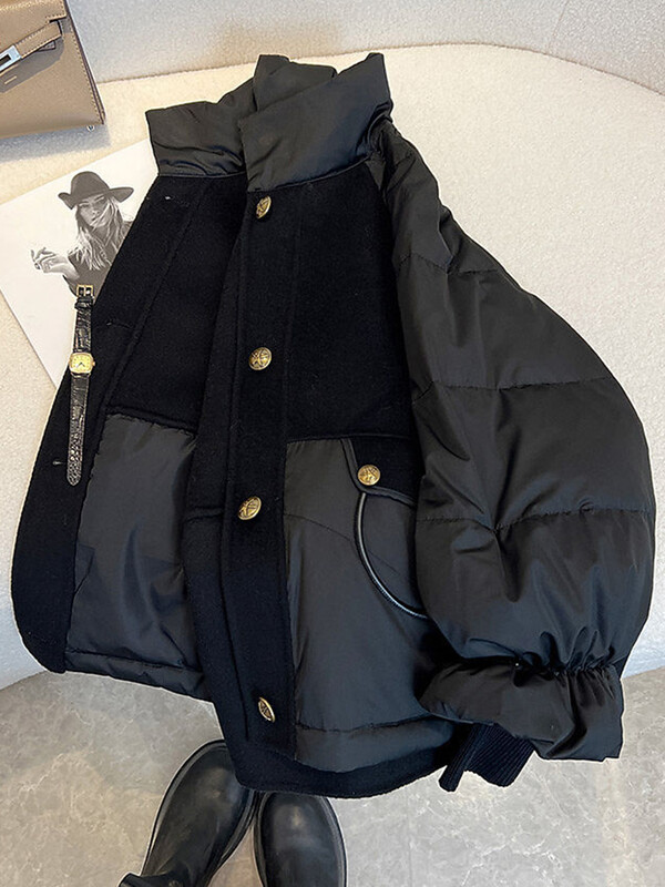 Crna podstavljena jakna Ženska ležerna široka pamučna jakna Zimski oversize debele tople parke Ženska modna jakna sa samostojećim ovratnikom