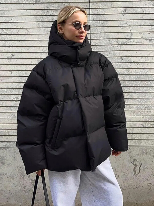 2024. Zimska topla jednobojna pamučna parka s kapuljačom Elegantna jakna dugih rukava i džepova s patentnim zatvaračem, deblja odjeća za dame koja putuje na posao i posao