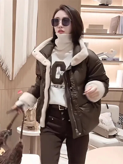 Palton de lux pentru femei din bumbac pentru iarna 2024, jachetă puf cu guler ridicat, groasă, caldă, parka cu pene, îmbrăcăminte exterioară pentru zăpadă