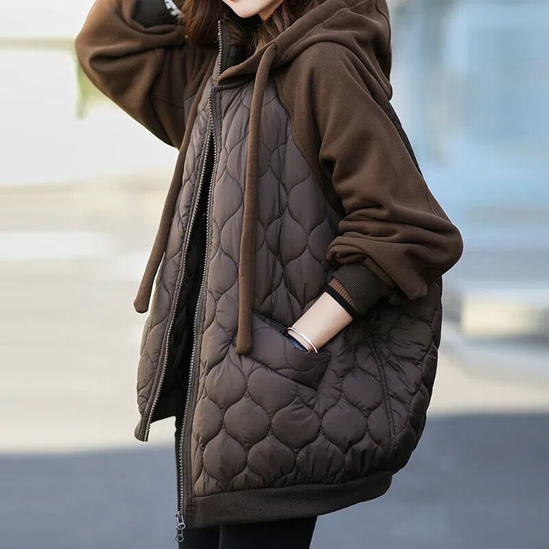 Μπουφάν πουπουλένιο βαμβακερό 2022 Φθινόπωρο Χειμώνας Νέα μόδα Χαλαρό παλτό με επένδυση, γυναικείο μεγάλο μέγεθος με κουκούλα και βελούδινο ανοιχτόχρωμο πάρκα