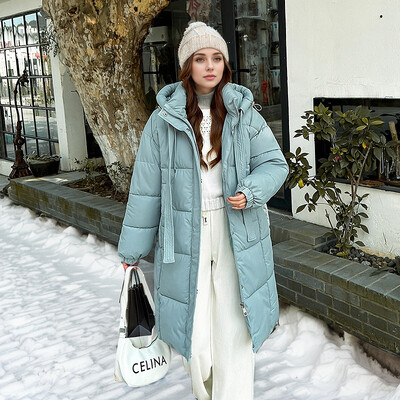 Nova ženska podstavljena odjeća Zima 2024. Široka i duga moderna podstavljena odjeća s kapuljačom preko koljena, topla jakna