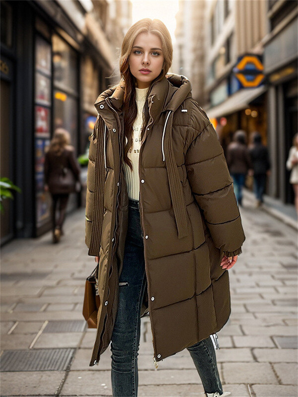 Nova ženska podstavljena odjeća Zima 2024. Široka i duga moderna podstavljena odjeća s kapuljačom preko koljena, topla jakna