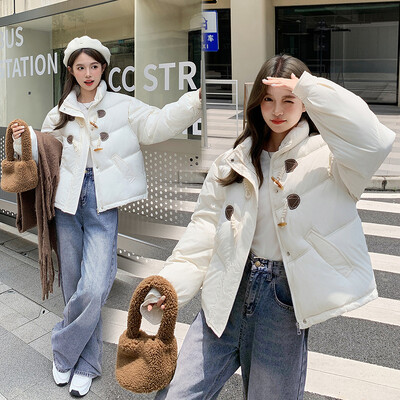 2024. aasta uus talvine udusulg, puuvillane puhvis parkmantlid, naiste sarved, nööbid, paks, soe lühike jakk, naiste leib, puuvillased riided, ülerõivad