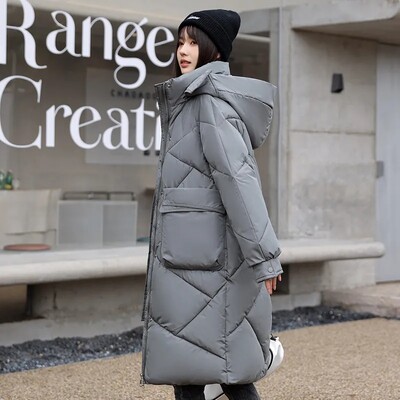 Ženske jesen-zima 2023., duge karirane parke, široke, zadebljane, tople kapute s kapuljačom, ležerne crno-bijele puhaste jakne s patentnim zatvaračem otporne na vjetar