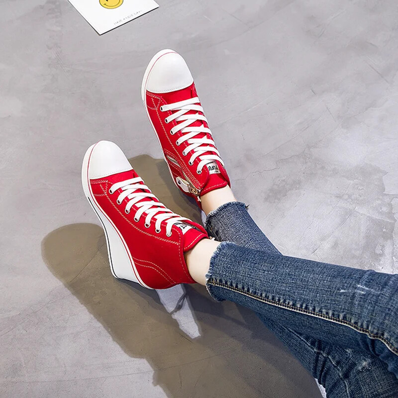 Ženske platnene cipele Visoke tenisice na tanke cipele Ženske cipele za povećanje visine na vezanje Ležerne cipele Modne tenisice s patentnim zatvaračem