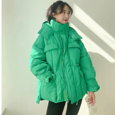 Parka cu glugă nouă de iarnă Jachetă caldă, haină din bumbac, pufă, neregulată, pufoasă, cu șnur, talie, haină lejeră, haină din bumbac
