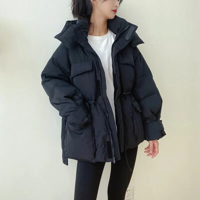 Nova zimska topla jakna s kapuljačom Ženski donji pamučni kaput Nepravilan pahuljasti mjehurić s uzicom za struk Opušteni kaput Pamučni kaput