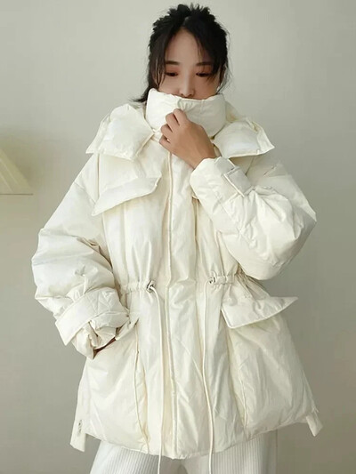 Nova zimska topla jakna s kapuljačom Ženski donji pamučni kaput Nepravilan pahuljasti mjehurić s uzicom za struk Opušteni kaput Pamučni kaput