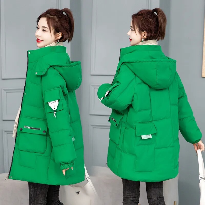 2023. aasta talv, uus paksendatud puuvillane naiste keskmise pikkusega Korea moekarkass, kaelus, kapuutsiga Parka naiste puhvis mantel lahtine jakk