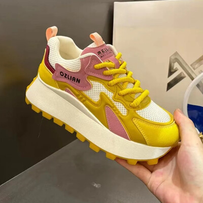 Ženske trendi dizajn brenda blokiranih boja Tenisice s debelim đonom 2024. Nova moda Mrežaste tenisice na vezanje Prozračne tenisice Mujer Zapatos