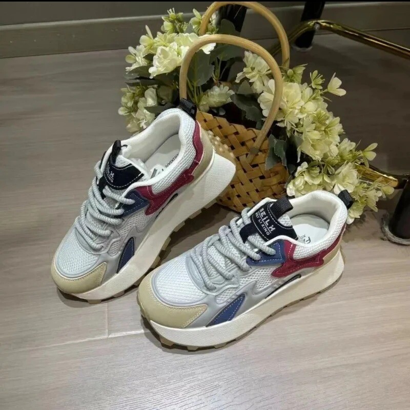 Ženske trendi dizajn brenda blokiranih boja Tenisice s debelim đonom 2024. Nova moda Mrežaste tenisice na vezanje Prozračne tenisice Mujer Zapatos