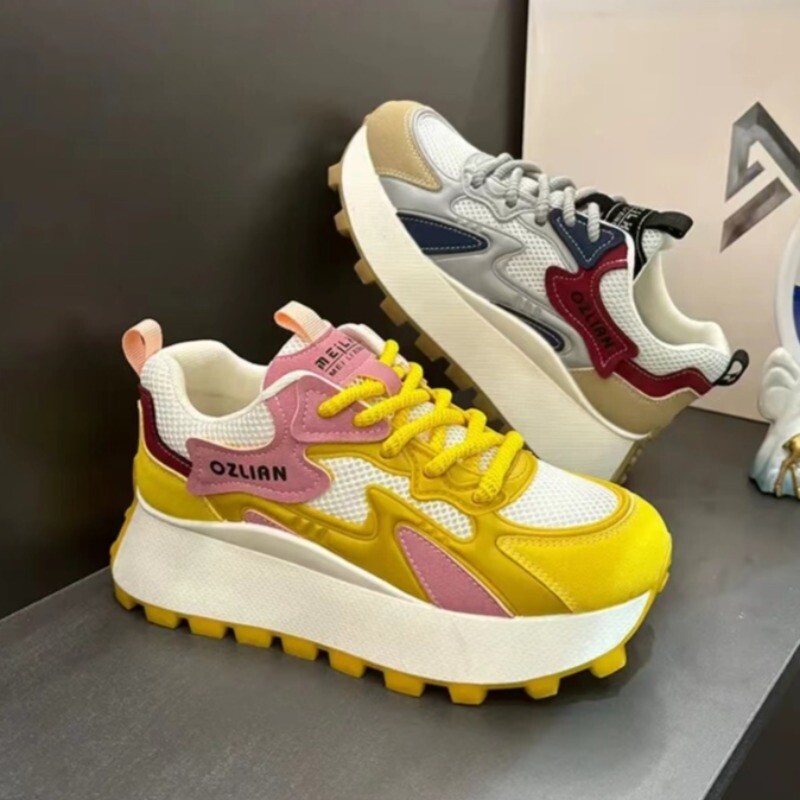 Ženske trendi dizajn brenda blokiranih boja Tenisice s debelim đonom 2024. Nova moda Mrežaste tenisice na vezanje Prozračne tenisice Mujer Zapatos