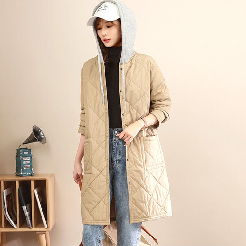Nova duga pamučna jakna Jesen Zima Diamond Lattice Plus Veličina Ženski ležerni prošiveni pamučni kaput Ženski kaput s kapuljačom 4XL