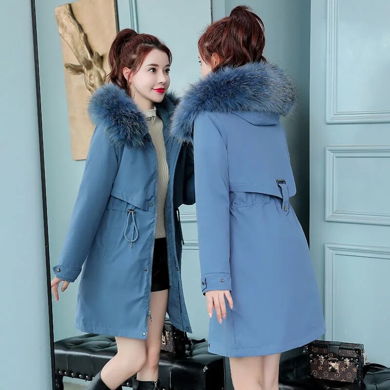 Talvejope Naiste Parka 2022 Uus karusnahast krae pikk mantel Villane vooder kapuutsiga jope Paks soe lumi kulumine polsterdatud Parka riided M-6XL