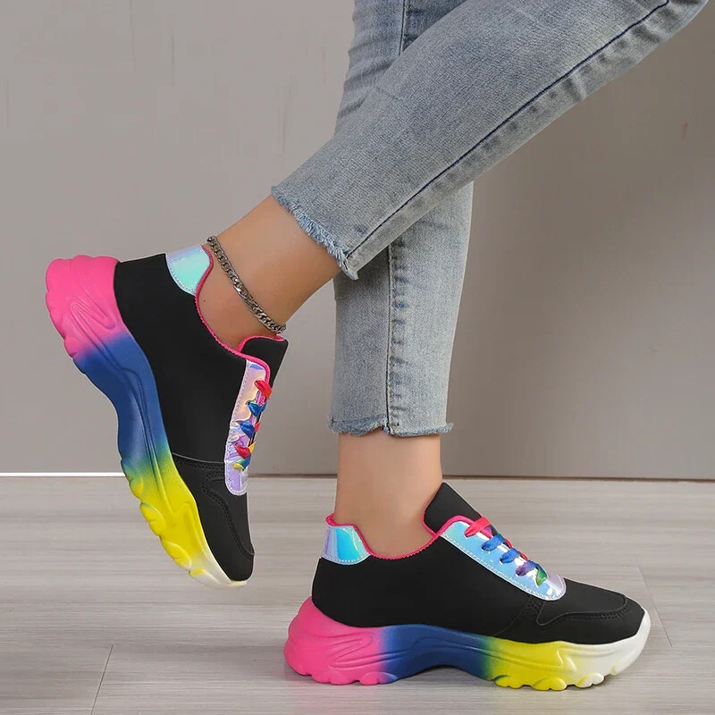 Disainkingad naistele Uued vikerkaarevärvilised naiste tossud vabaaja mood paksu tallaga naiste korvpallijalatsid Zapatos De Mujer