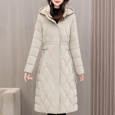 Talvised pikad naiste mantlid 2023 Uus mood Paks soe puuvillane polsterdatud mantlid Naiste Korea stiilis kapuutsiga talvejoped