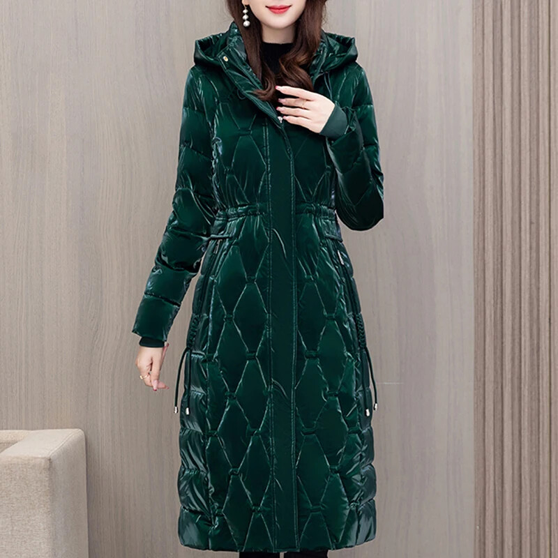 Talvised pikad naiste mantlid 2023 Uus mood Paks soe puuvillane polsterdatud mantlid Naiste Korea stiilis kapuutsiga talvejoped