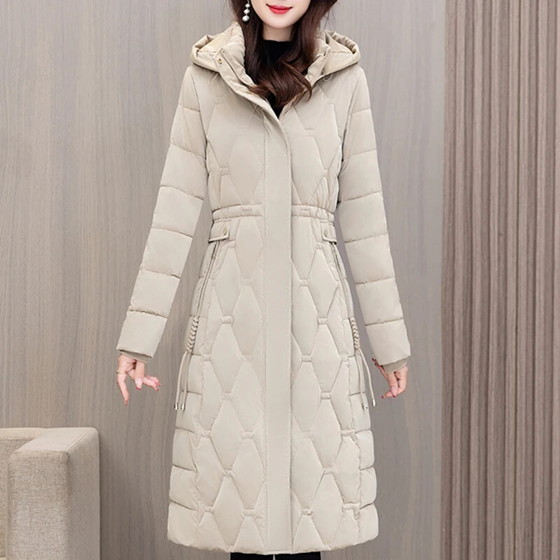 Talvised pikad naiste mantlid 2023 Uus mood Paks soe puuvillane polsterdatud mantlid Naiste Korea stiilis kapuutsiga talvejoped