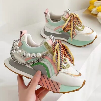 Jesenske nove ženske tenisice Modne mrežaste prozračne 2024 dugine boje na vezivanje biserni lanac Trendovski dizajn brenda Debeli potplat Zapatos