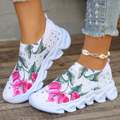 Proljeće Jesen Tenisice s čarapama s cvjetnom platformom Ženske 2024. Slip-On Prozračne mrežaste tenisice Ženska udobna sportska obuća za pletenje 43