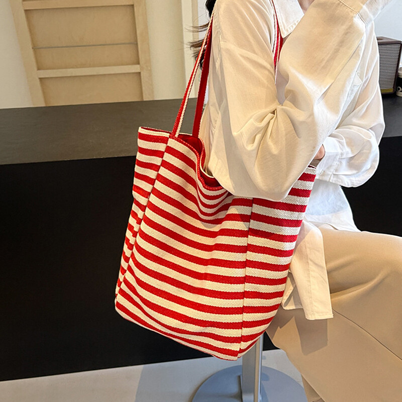 Ženska torba na rame velikog kapaciteta, modne dvostrane ručne torbe, ležerna torba s prugastim dizajnom, torba bez rukava za studentske knjige