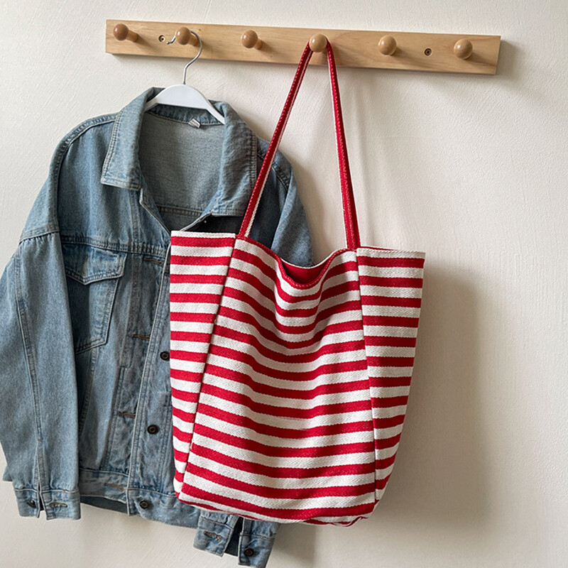 Ženska torba na rame velikog kapaciteta, modne dvostrane ručne torbe, ležerna torba s prugastim dizajnom, torba bez rukava za studentske knjige