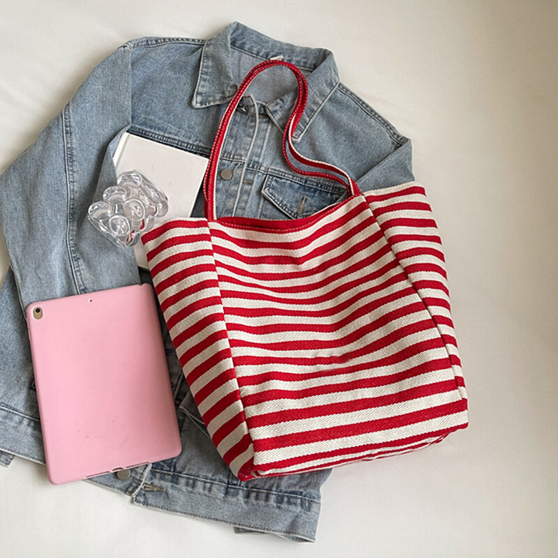 Ženska torba na rame velikog kapaciteta, modne dvostrane ručne torbe, ležerna torba s prugastim dizajnom, torba bez rukava za studentske knjige