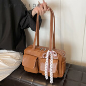 LEFTSIDE Διπλές τσέπες Κορδέλα Σχέδιο PU Δερμάτινες τσάντες μασχάλης Γυναικεία τσάντα ώμου για 2024 Trend Retro Fashion Τσάντες Y2K