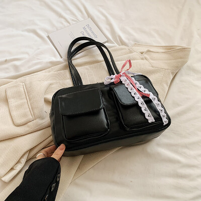 LEFTSIDE Διπλές τσέπες Κορδέλα Σχέδιο PU Δερμάτινες τσάντες μασχάλης Γυναικεία τσάντα ώμου για 2024 Trend Retro Fashion Τσάντες Y2K