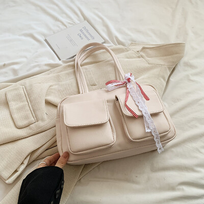 LEFTSIDE Διπλές τσέπες Κορδέλα Σχέδιο PU Δερμάτινες τσάντες μασχάλης Γυναικεία τσάντα ώμου για 2024 Trend Retro Fashion Τσάντες Y2K