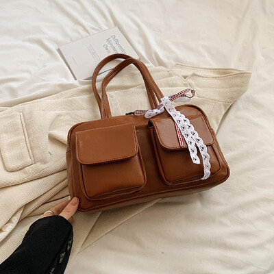 LEFTSIDE Διπλές τσέπες Κορδέλα Σχέδιο PU Δερμάτινες τσάντες μασχάλης Γυναικεία τσάντα ώμου για 2024 Trend Retro Fashion Τσάντες Y2K