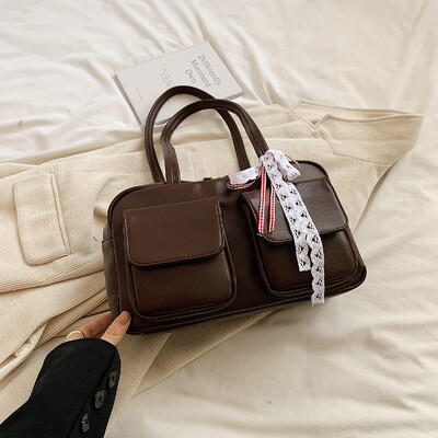 LEFTSIDE Διπλές τσέπες Κορδέλα Σχέδιο PU Δερμάτινες τσάντες μασχάλης Γυναικεία τσάντα ώμου για 2024 Trend Retro Fashion Τσάντες Y2K