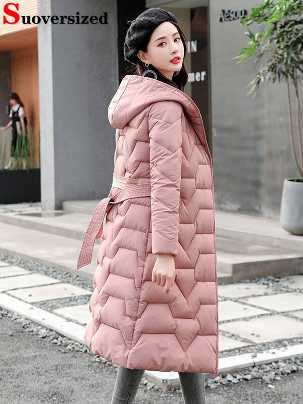 Podebljani topli kaputi Snježna odjeća Elegantna gornja odjeća Korejska jakna Sobretudos s remenom Zimske uske duge parke s kapuljačom Ženske kapute