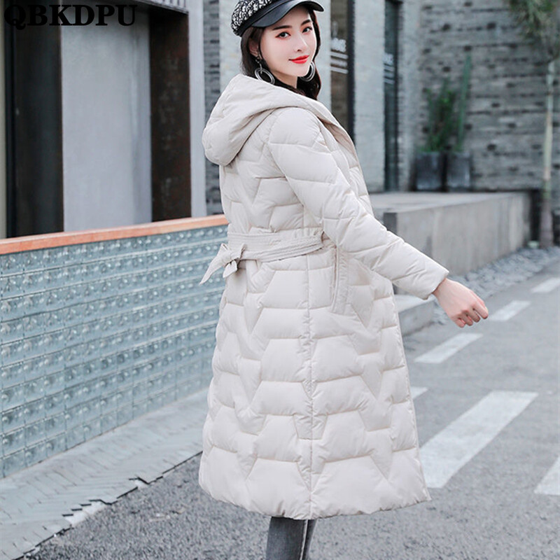 Podebljani topli kaputi Snježna odjeća Elegantna gornja odjeća Korejska jakna Sobretudos s remenom Zimske uske duge parke s kapuljačom Ženske kapute
