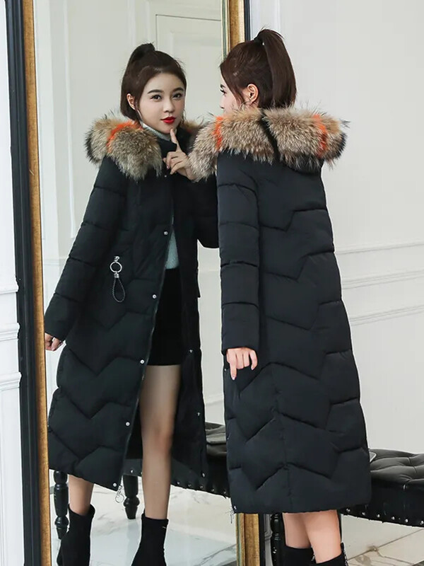 Duge zimske elegantne parke s kapuljačom i ovratnikom od umjetnog krzna. Prevelike tople pamučno podstavljene casacos ležerne jakne otporne na vjetar, deblje jakne