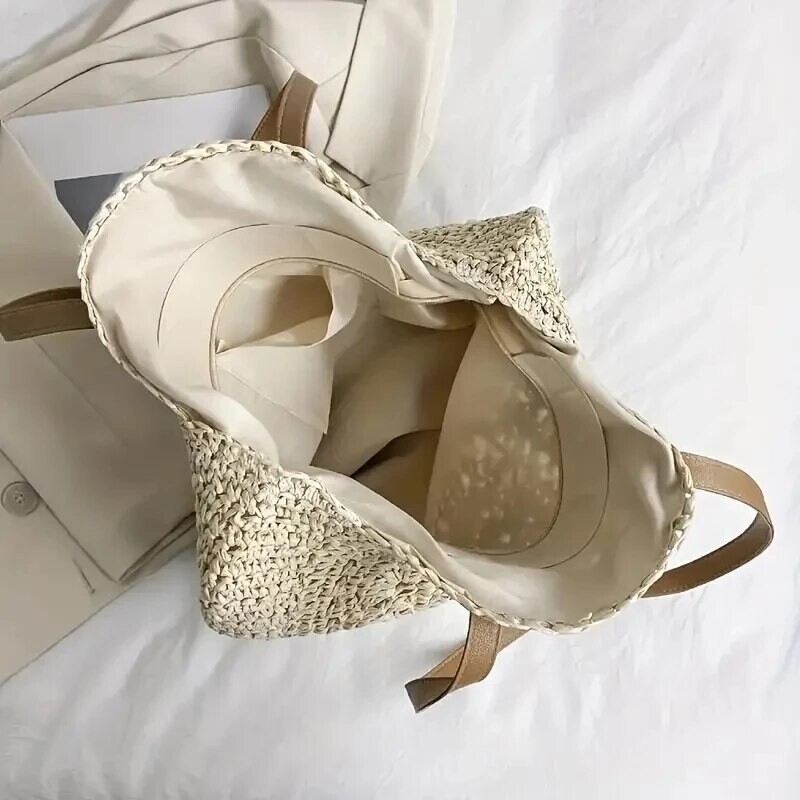 Šuplja tkana slamnata torba Okrugla torba za godišnji odmor na rame velikog kapaciteta Jednostavna okrugla tkana torba za plažu Ležerna torba na rame Putna