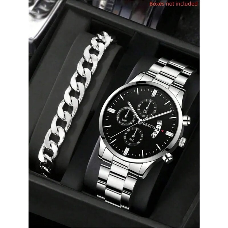 2 komada luksuznih muških poslovnih satova od nehrđajućeg čelika, kalendara, satova s velikim brojčanikom za muškarce, modni, sportski, ležerni, kvarcni ručni sat, sat
