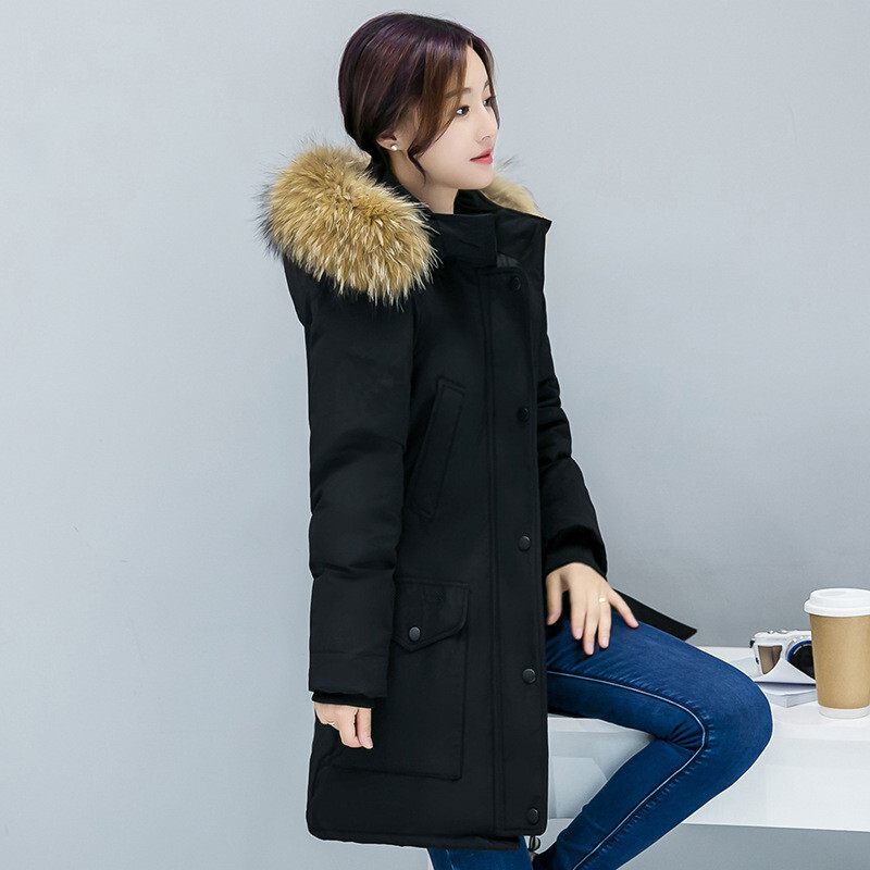 Zimske debele tople duge parke s velikim krznenim ovratnikom i kapuljačom Ženska vanjska odjeća Ležerna široka korejska crna crvena jakna Kaput Casacos Femininos