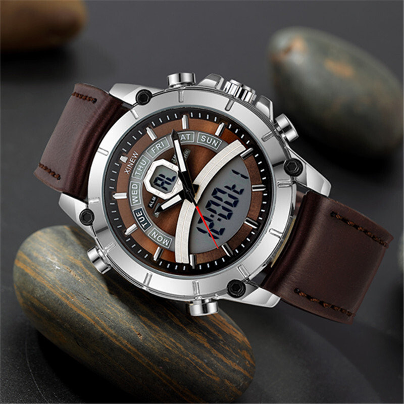 Lahedad meeste suurte brändide disainiga käekellad DZ õpilastele Moodne nahkrihm Kahe ekraaniga multifunktsionaalne kronograafiga spordikell, must