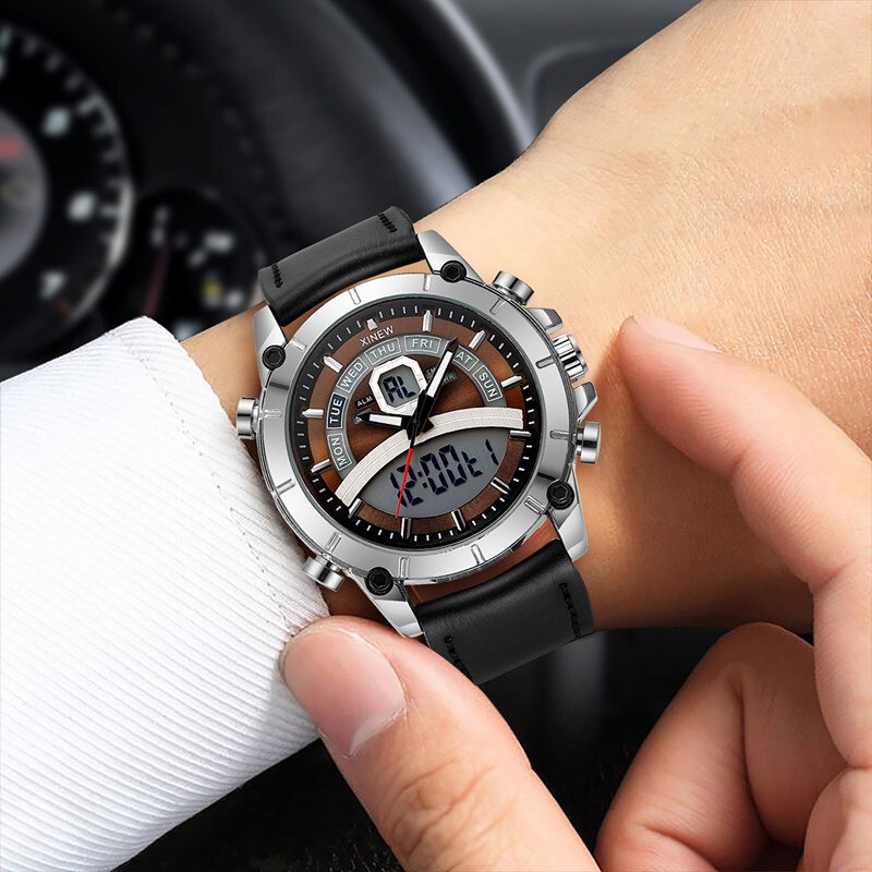Lahedad meeste suurte brändide disainiga käekellad DZ õpilastele Moodne nahkrihm Kahe ekraaniga multifunktsionaalne kronograafiga spordikell, must